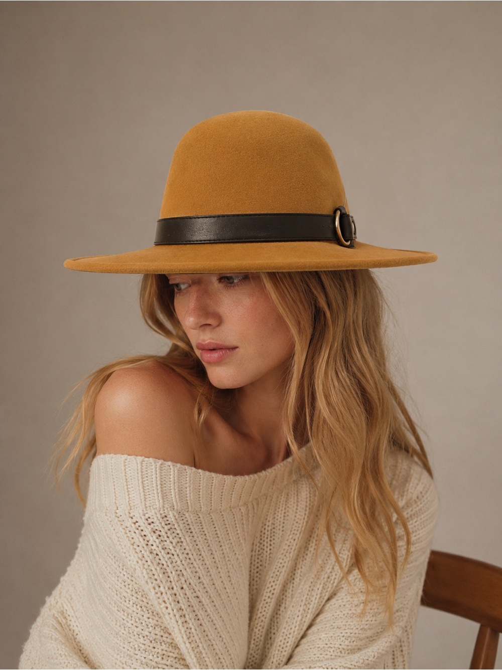 BCBGMAXAZRIA Camel Brown 100% Wool Wide Brim Rancher Fedora Hat Boho Festival